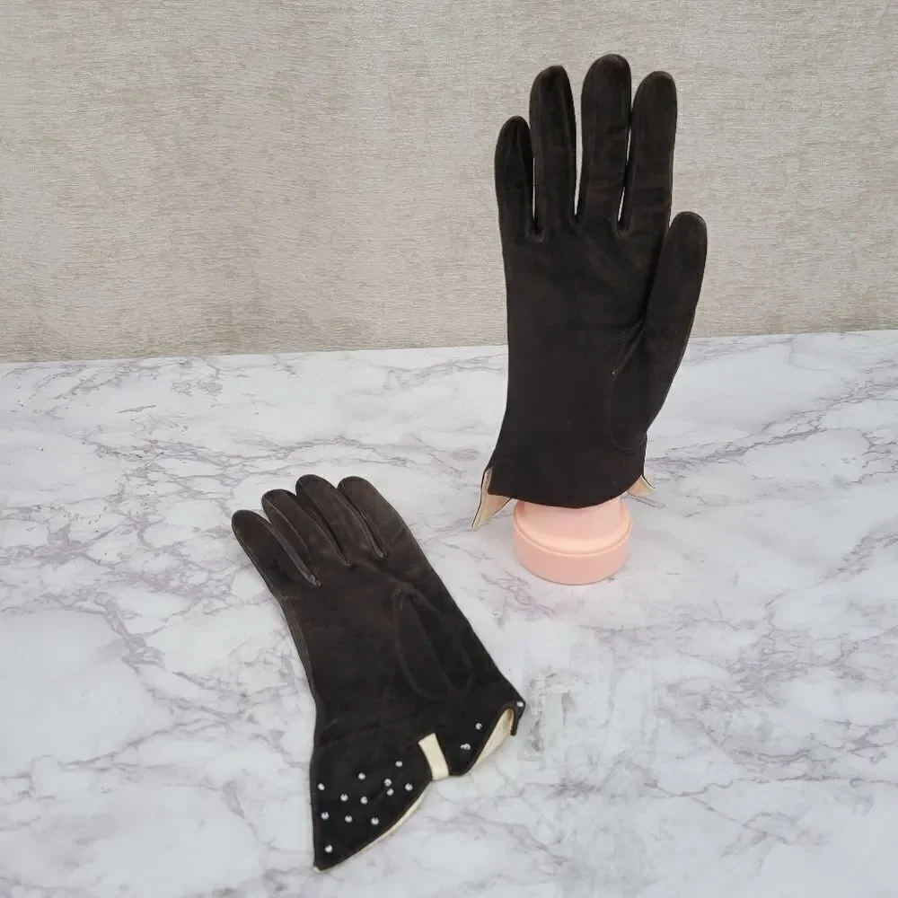 Capretto Short Gloves Leather Kidd Goat Skin Beaded Vintage Antique Formal
